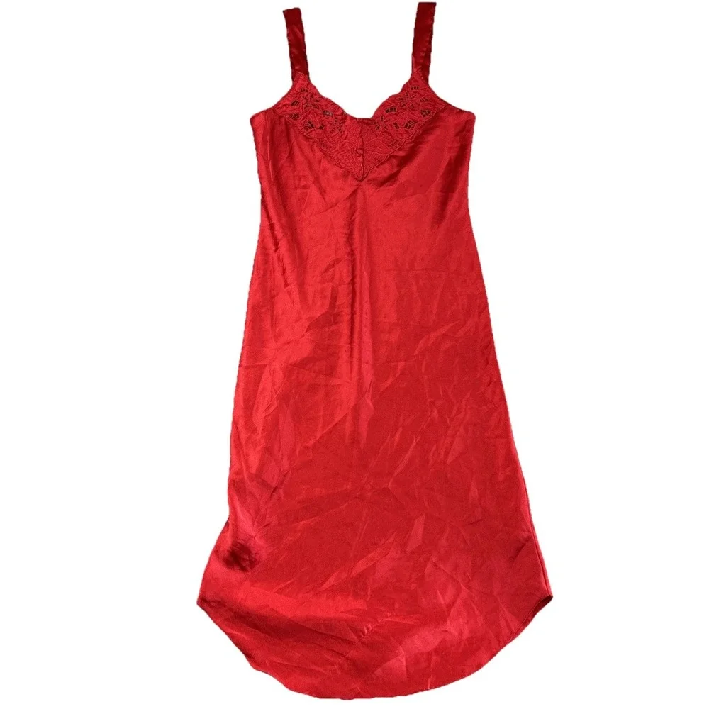 Vintage Inner Most Red Satin Slip Dress Small‎ Embroidery Lace Cut Out Feminine